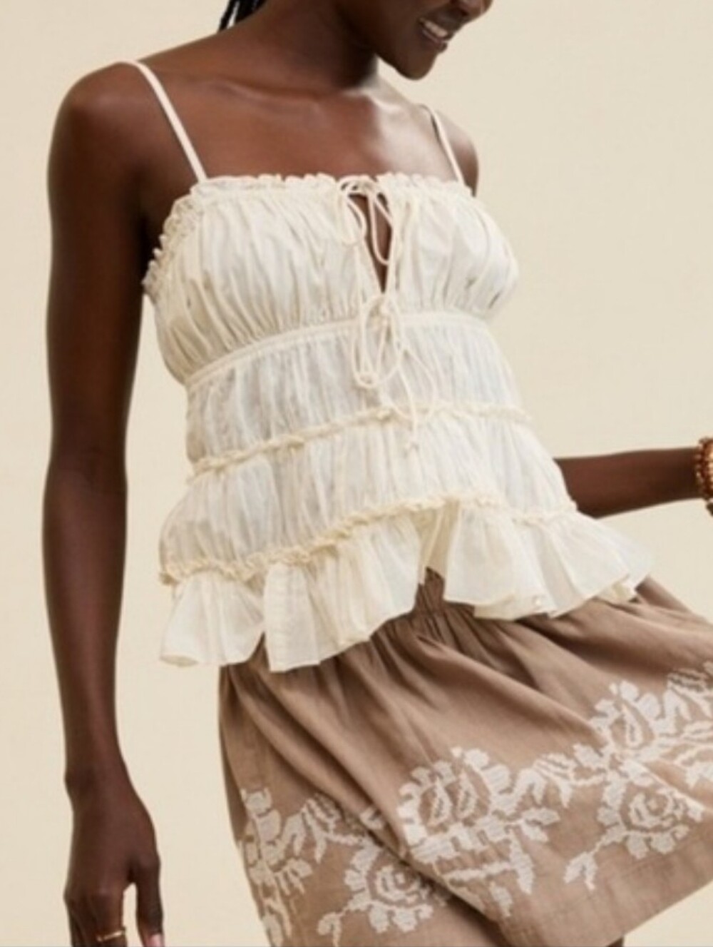 NWT Aerie Cream Tie-Front Tiered Tank Cami Top